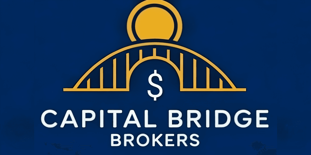 Capital Bridge Brokers logo featuring a gold bridge, dollar sign, and white lettering on a dark blue background.