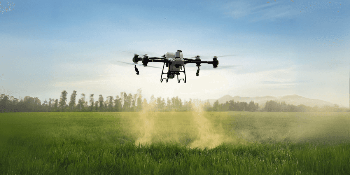 "Ares Acres agricultural drone applying precision spraying over farmland, showcasing the company’s use of UAV technology and AI for sustainable farming solutions."
