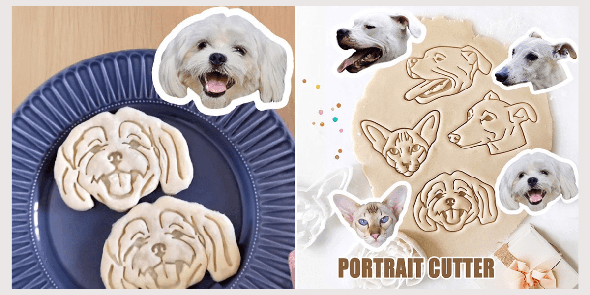 Custom portrait cookie cutters featuring pets, adding a personalized touch to baked goods with playful, unique designs.