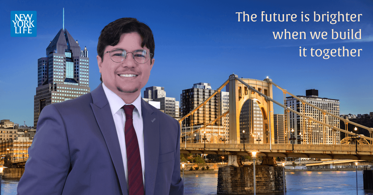 Theofanis Mylonas in a suit with Pittsburgh skyline imagery, New York Life logo, and financial planning message.