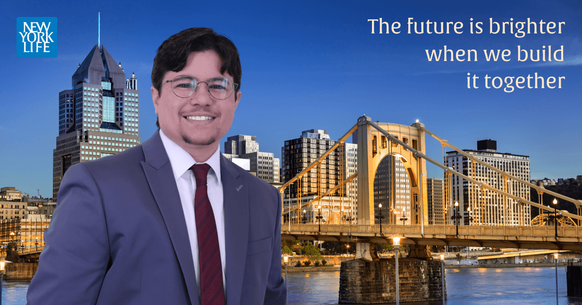 Theofanis Mylonas in a suit with Pittsburgh skyline imagery, New York Life logo, and financial planning message.