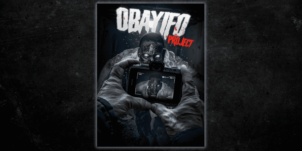 Hands filming a zombie-like creature with glowing eyes for the horror film "Obayifo Project" promotional poster.
