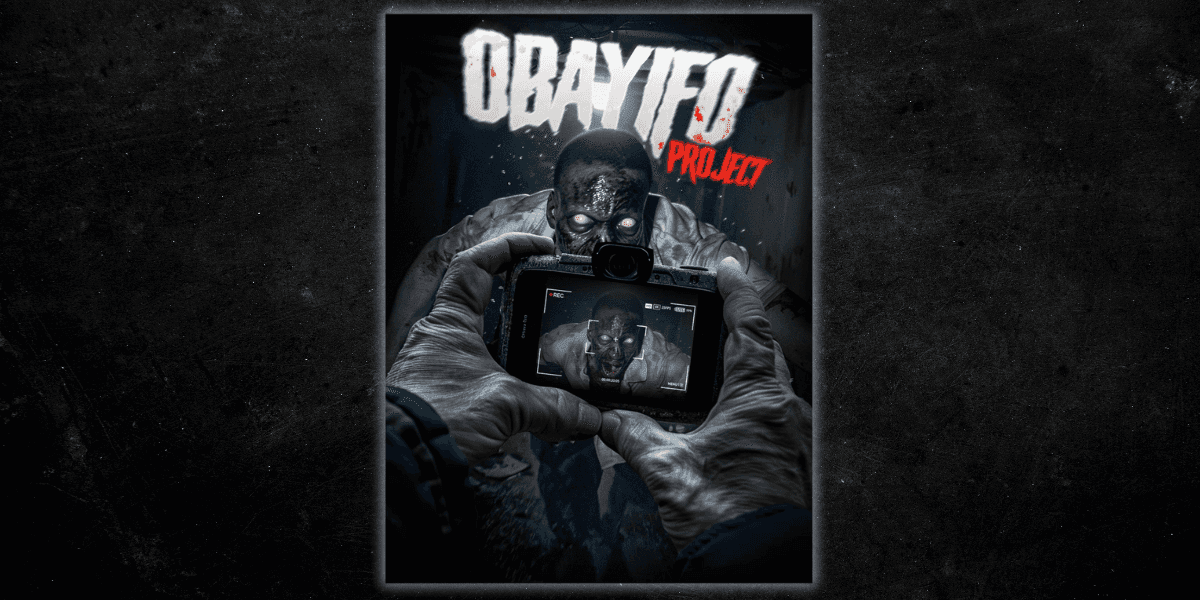 Hands filming a zombie-like creature with glowing eyes for the horror film "Obayifo Project" promotional poster.