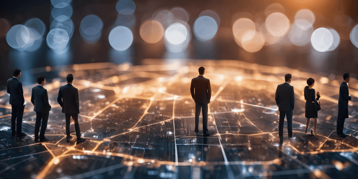 Visionary leaders stand on a glowing digital network, symbolizing strategy, innovation, and global influence in 2026.