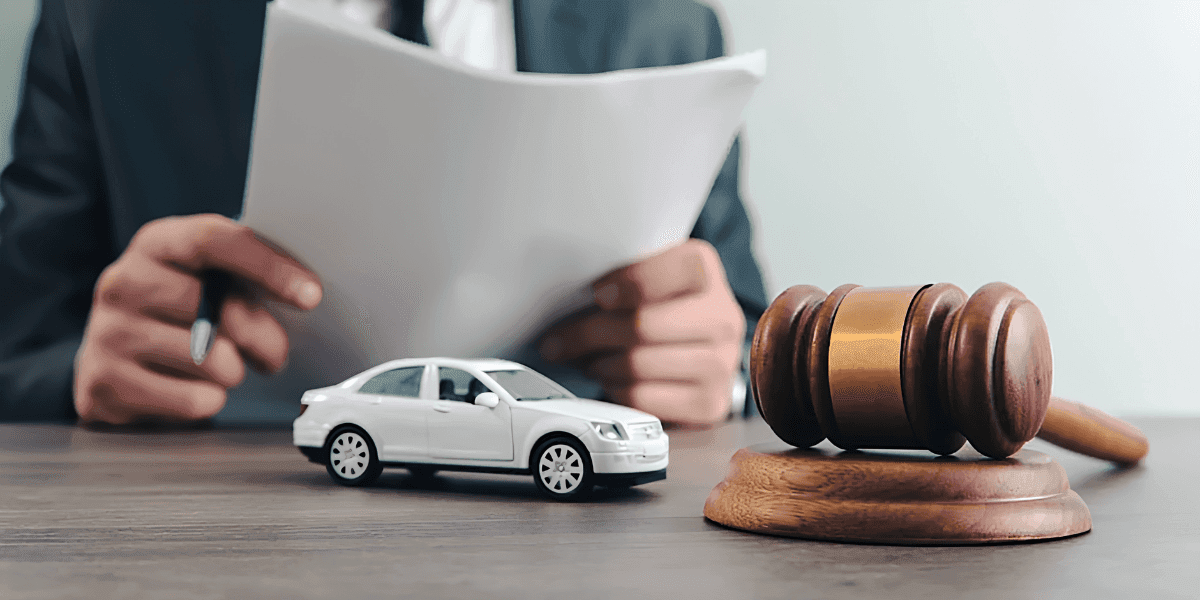 Judge’s gavel and toy car beside legal documents representing financial and legal recovery after a car accident.